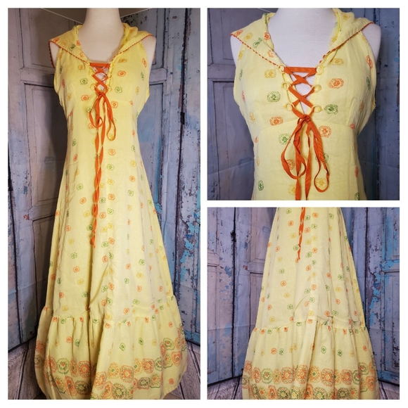 Vintage Dresses & Skirts - VINTAGE 70's Yellow Print Prairie Style Dress